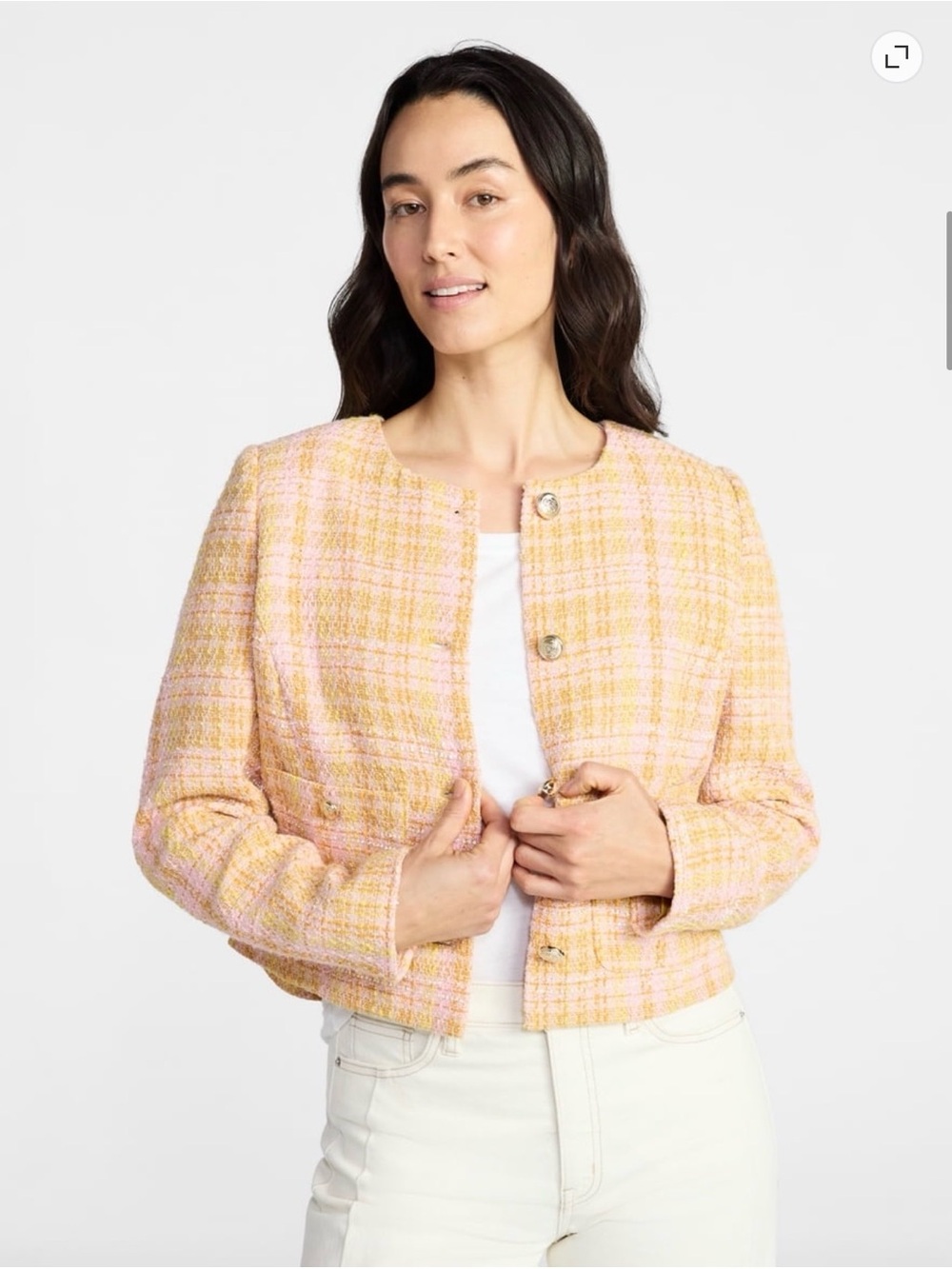 NWT Time and Tru Tweed Jacket Blazer Pink Yellow Plaid Gold Buttons Size XXXL 22